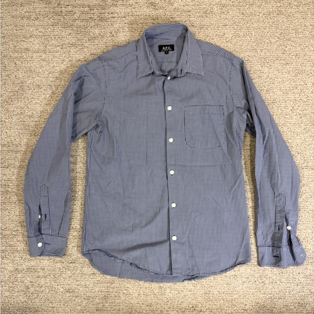 A.P.C. Men's Navy Checkered Button Down Shirt